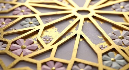 Intricate Gold Geometric Islamic Star Pattern with Pastel Floral Accents Luxury Background