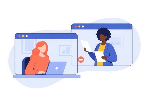 Modern flat graphic showing two people connecting through online video conference call meetings