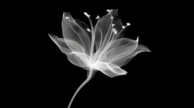 Ethereal flower captured in monochrome x-ray on black background showcasing delicate petals and intricate details - Powered by Adobe