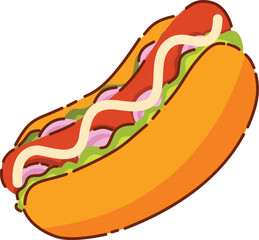 A vibrant cartoon illustration of a classic hot dog in a bun with green lettuce, red onions, and white sauce.
