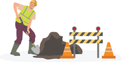 Construction Worker Digging with Shovel and Safety Barriers