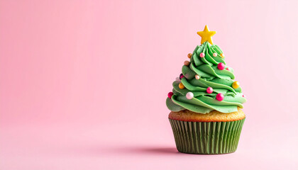 Minimal Christmas cupcake shaped like a Christmas tree, placed on a pink background w 