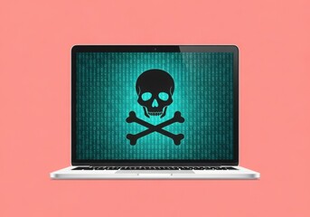 Modern sleek laptop displays skull and crossbones cybersecurity threat warning