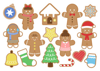 Colorful Christmas cookie clipart set featuring gingerbread men, trees, stars, and festive decorations with multicolor icing. Perfect for cheerful holiday cards, packaging, and bakery-themed designs.