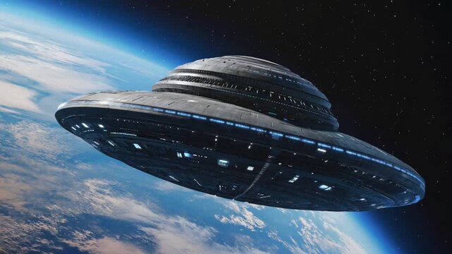 Flying saucer ufo approaching planet Earth 3d illustration cinematic view of UFO close to earth