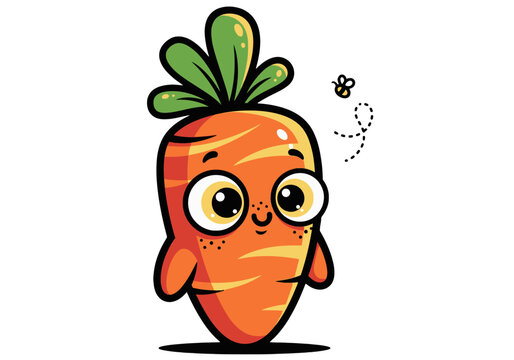 Cute cartoon carrot character with big eyes and a small bee flying around, perfect for healthy food promotion