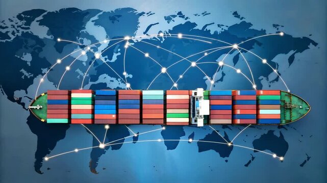 Global logistics concept featuring a world map, connected supply chain network, and container ships representing international import and export in a dynamic motion video