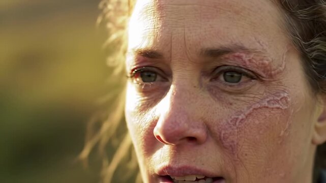 Close-up of a woman's face with visible scars on her cheek, captured in soft, natural light