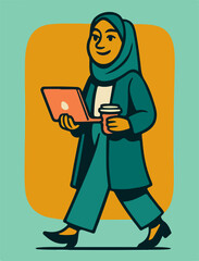 Hijab Tech Professional Walking With Laptop And Coffee Business Character Illustration