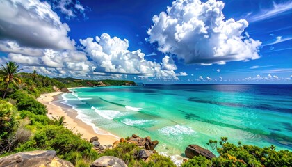 Turquoise Ocean Waves Gently Lap onto a Lush Green Tropical Beach Under a Dramatic Blue Sky with Puffy White Clouds