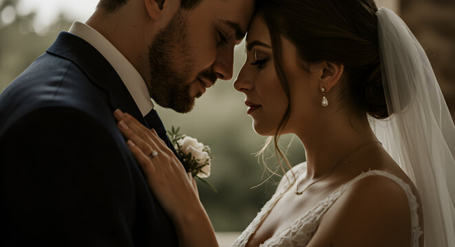 Bride and groom embrace foreheads touching Woman wears veil necklace earrings man sports boutonniere