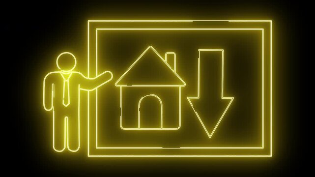 Neon sign shows a figure presenting a house and downward arrow within a doublelined rectangle