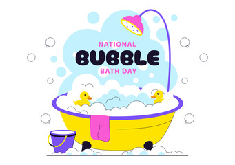 National Bubble Bath Day Vector Illustration Featuring Relaxing Spa Bath Scene with Bubbles, Towels, Candles, and Self Care in Flat Cartoon Style