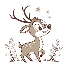 Cute Cartoon Fawn Walking on a Grassy Hill