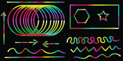 Neon Gradient Lines and Geometric Shapes on Black Background – Colorful Abstract Vector Design Elements