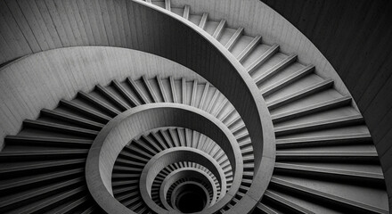 Abstract black and white spiral staircase descending into darkness creating a sense of depth and mystery