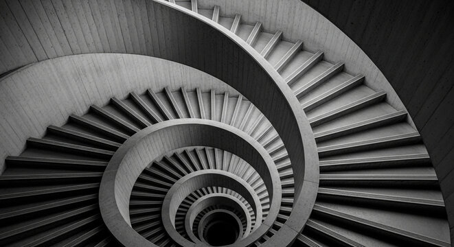 Abstract black and white spiral staircase descending into darkness creating a sense of depth and mystery - Powered by Adobe