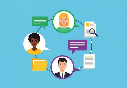 Modern digital communication and team collaboration network connecting diverse people and documents
