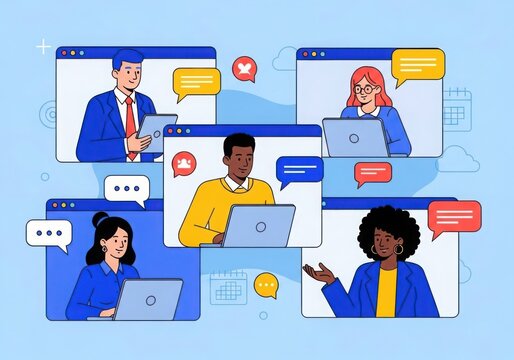 Diverse professionals connect and collaborate virtually in a modern online meeting setting