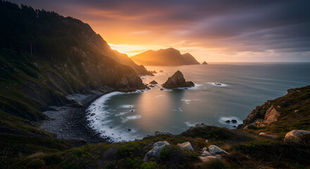 Coastal sunset with rugged cliffs calm sea and warm light over rocky shores