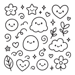 Cute hand-drawn kawaii doodles with smiling hearts, stars, clouds, flowers and leaves, simple black line art on white background