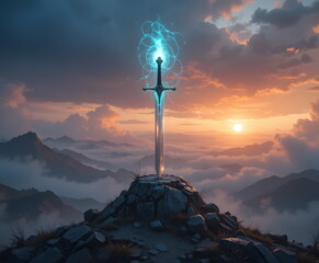 A glowing sword standing on a rocky mountain peak during sunset, symbolizing power and victory.
