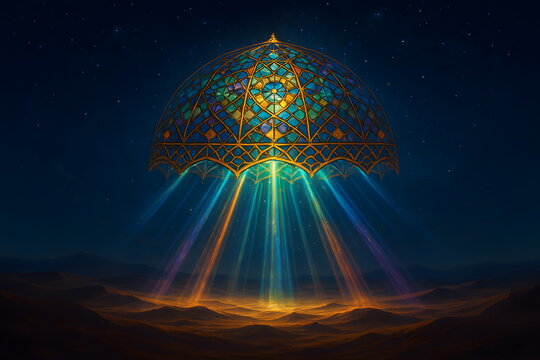 A glowing dome emitting colorful light beams in a dark desert night scene.