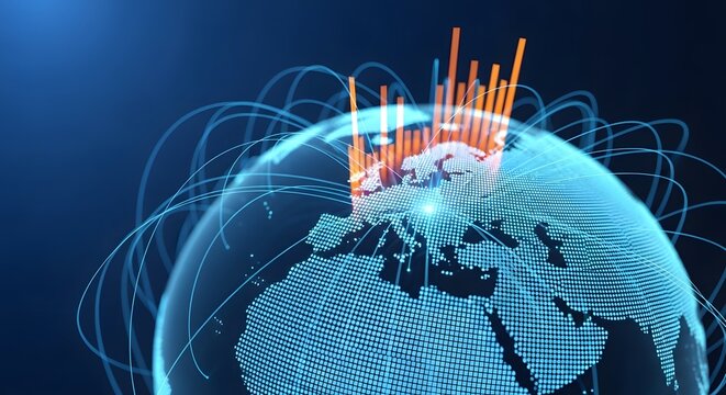 Global Business Growth Digital Earth with Data Bars Over Europe - Powered by Adobe