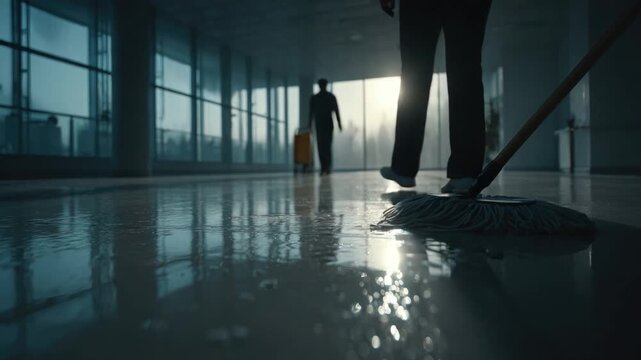 A solitary janitor mops a gleaming floor in a spacious and modern building illuminated by soft natural light filtering through large windows