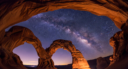 Majestic milky way galaxy arches through natural rock formations under a starry night sky
