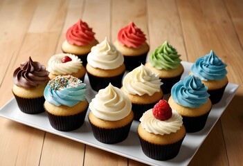assortment of chocolate cupcakes with colorful frosting on wooden table. perfect for celebrating, baking, party and sweet food themes.