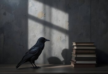 Black Crow Standing on Wooden Floor Near Stack of Books, Dramatic Window Light on Concrete Wall, Gothic Still Life