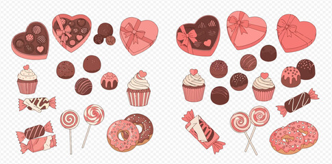 A collection of various pink and brown sweets, including heart-shaped chocolate boxes, truffles, cupcakes, lollipops, wrapped candies, and donuts.