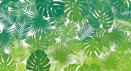 Vibrant Green Tropical Foliage Pattern Background with Monstera and Palm Leaves