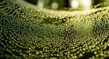 Extreme close up macro photograph of dew drops on a textured green leaf surface creating a mesmerizing abstract pattern