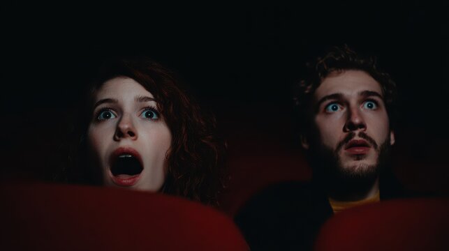 Two people react in shock while watching a suspenseful movie in a dark theater at night