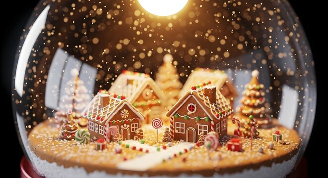 Magical Gingerbread Village Snow Globe with Falling Snow and Warm Light