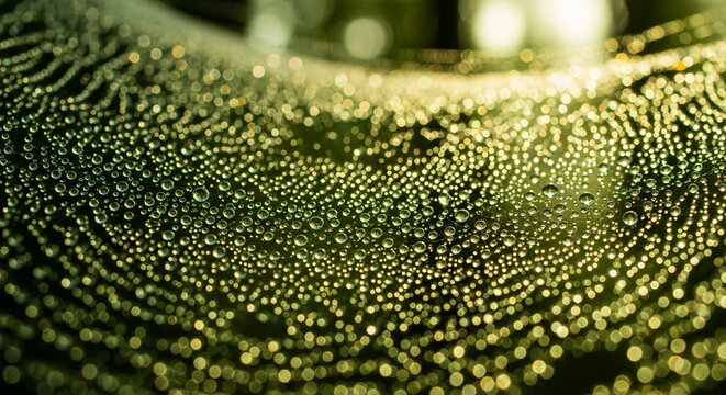 Extreme close up macro photograph of dew drops on a textured green leaf surface creating a mesmerizing abstract pattern