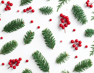 Flat design pattern of fir branches and red berries, winter flat lay background, mini 