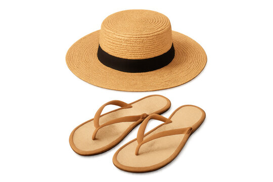 Straw hat and flip-flops embodying summer vacation style