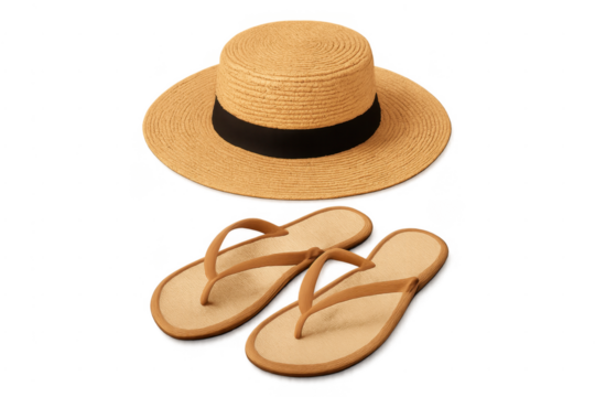 Straw hat and flip-flops embodying summer vacation style