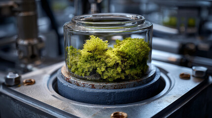 Bioluminescent moss glass jar processor circuit laboratory cyberpunk green macro detail glow softly in futuristic lab