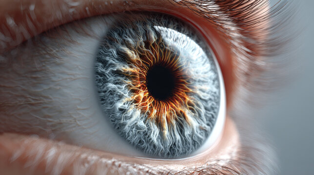 Cataract and prevention concept , Hyperreal eye macro, iris detail, blue gray, orange center, fiber pattern, sharp focus, vivid