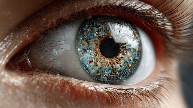 Lasik concept ,Cybernetic eye human iris microchip detail technology biometric cyberpunk macro futuristic vision
