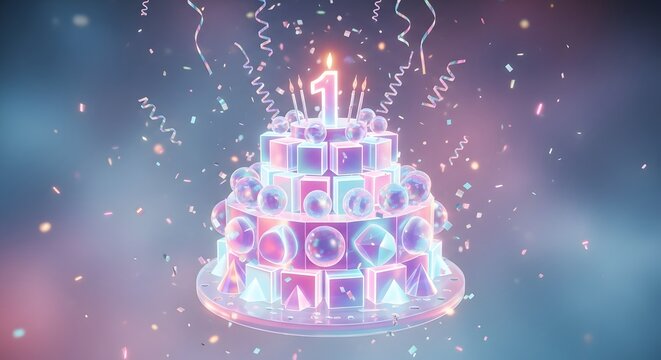 Futuristic Neon Glow Number 1 Anniversary Birthday Cake Celebration with Confetti