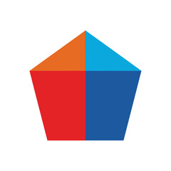 Colorful pentagon shape with orange, blue, and red sections.