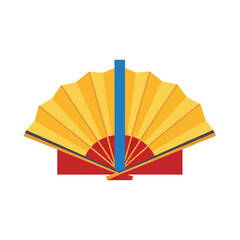 A vibrant yellow and red traditional Asian folding fan illustration on a white background.
