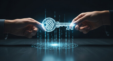 Two hands exchanging a glowing digital key symbolizing access to secure information and data in a futuristic network