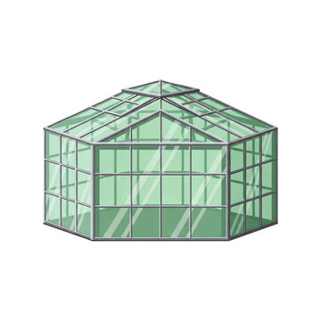 A detailed illustration of a modern octagonal greenhouse with glass panels and a metal frame.