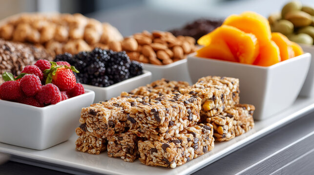 Granola bar snack break room office assorted fruit nuts almonds berries with cheerful vibe